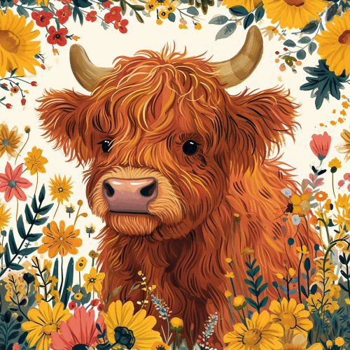 highland cow and yellow flowers