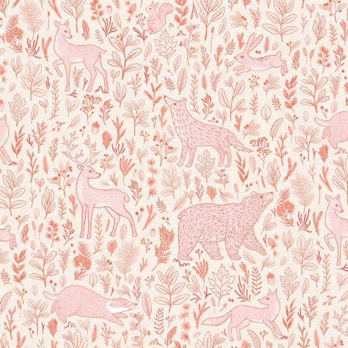 Line drawing of forest animals including deer, fox, hare, squirrel, and bear on a soft neutral background.