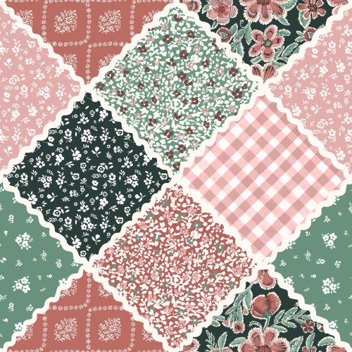 mix of autumn colored florals and patterns to make a patchwork with rick rack detail
