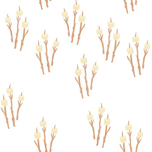 Minimal repeating pattern of marshmallows on roasting sticks in warm browns and creams on a white background.