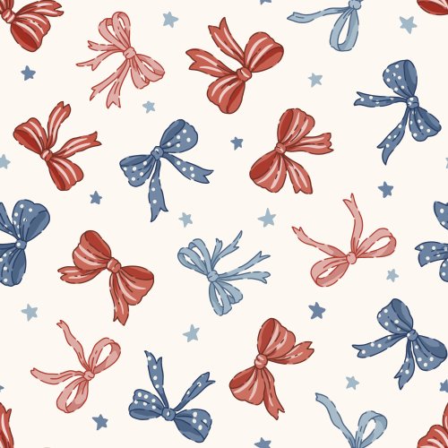 A playful allover scatter of hand-drawn ribbon bows in coral red, denim blue, and dusty sky blue, sprinkled with tiny pale-blue stars on a warm cream background.