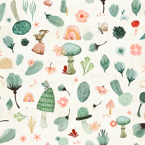 Playful woodland scene with mushrooms and hares surrounded by rainbows, butterflies, and flowers on a soft background.