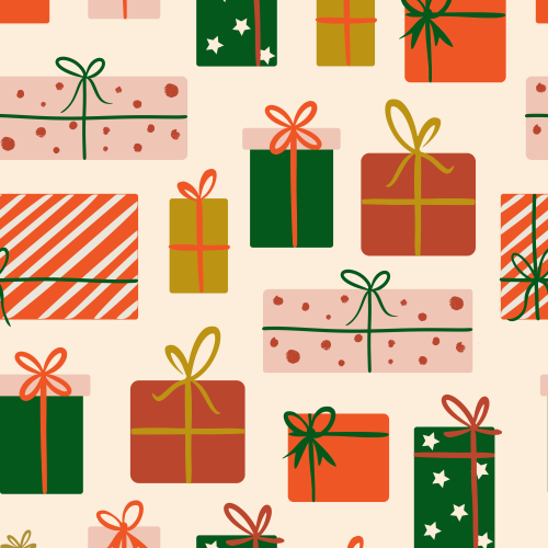 Christmas presents in green, red, gold with ribbons