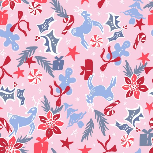 Christmas Favourites in pink and red. Grandmillennial style Christmas decorations, trees, florals and bows on pink background