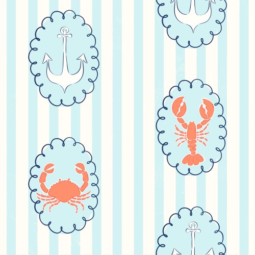 Ornamental nautical surface pattern with repeating anchors, crabs and lobsters in scalloped frames against a striped background.