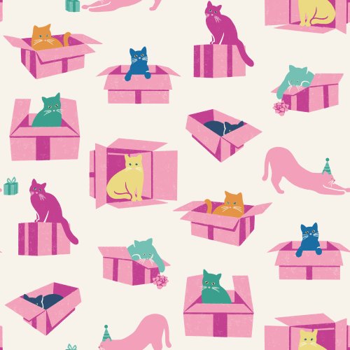 colorful cats playing in birthday present boxes on an off white background