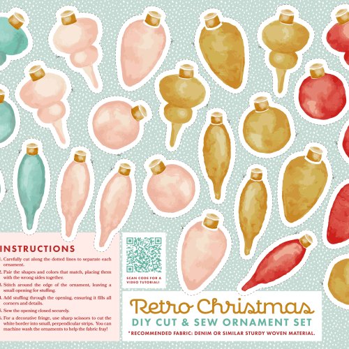 Retro Christmas DIY Cut and Sew Ornament Set fabric panel featuring watercolor-style ornaments in pink, turquoise, red, and gold on a dotted teal background. Includes printed instructions, a QR code for a video tutorial, and branding for Pine & Feather Studio. Recommended fabric: denim or similar sturdy woven material.