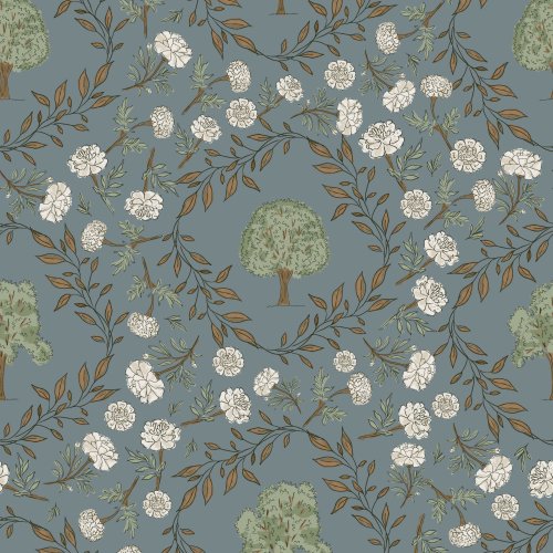 hand drawn fruit trees inside sketched leaves and tossed marigolds