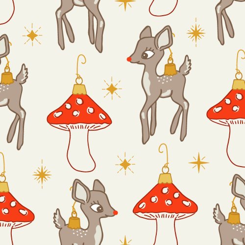 Cute reindeer and mushroom Christmas, vintage inspired ornaments