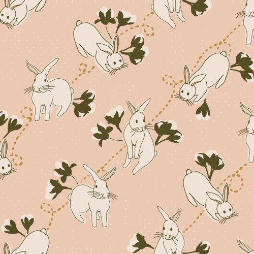 bunnies and dainty florals in diagonal loopy stripes.