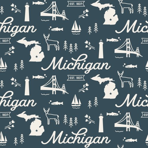 Hand drawn motifs representing Michigan, with retro script and established date.