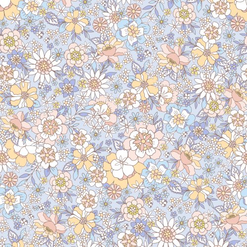 retro floral design with blue, yellow and peach flowers