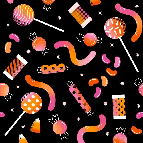 Colorful halloween candy scattered over a solid background