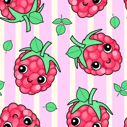 raspberries with faces on pink stripe backgound