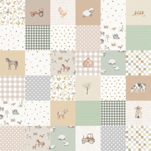 Hand drawn patchwork cheater quilt with farm theme. 