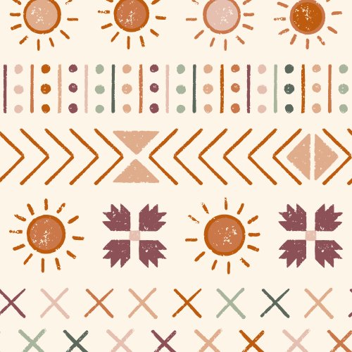 Stripes of hand drawn geometric elements creating a modern and colorful mudcloth design