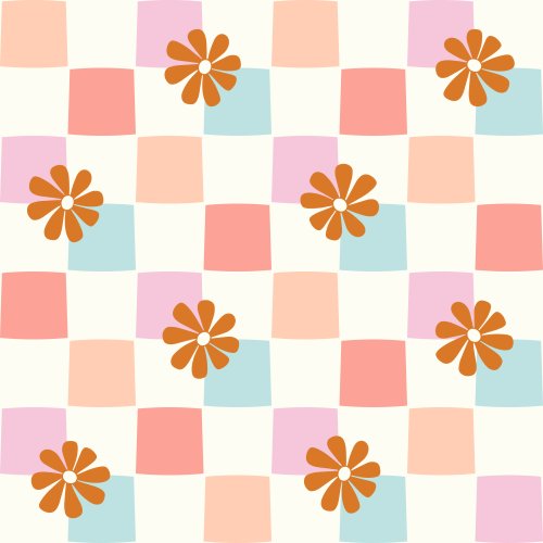 pink, brown an blue checkerboard with retro daisy on cream