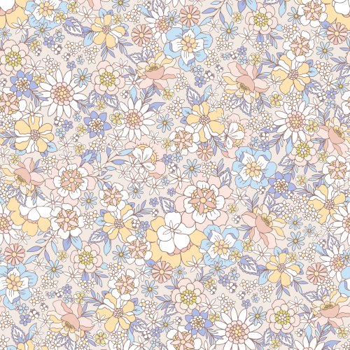 light blush pink retro floral with yellow and blue flowers