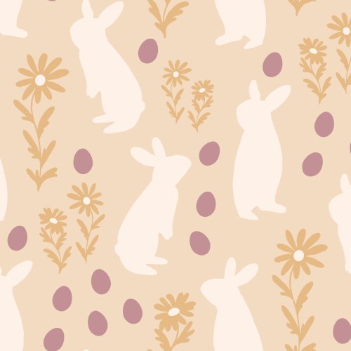 bunnies eggs and flower design on tan background