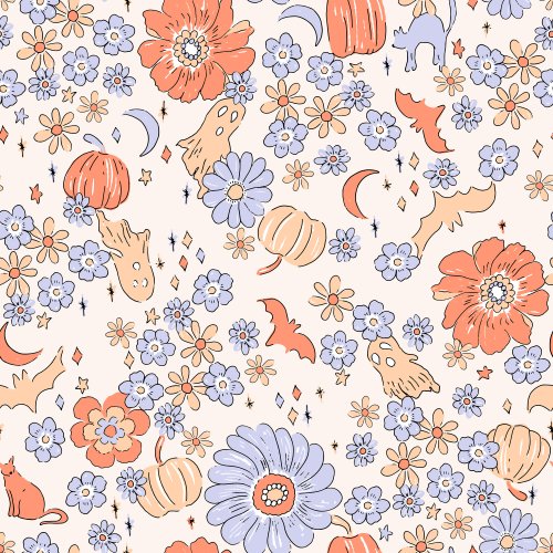 Halloween Magic Vintage Fall Floral Pumpkins on Cream with Bats, Cats, ghosts, stars and moons