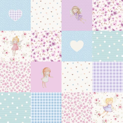 Hand drawn patchwork cheater quilt with fairy theme. 