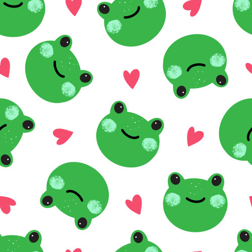 Cute tossed frog faces, pink hearts.  Valentines day for kids.