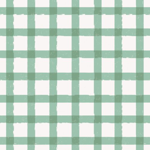 A hand-painted gingham check pattern featuring sage green intersecting stripes on a warm off-white background, with a textured, distressed brushstroke finish.
