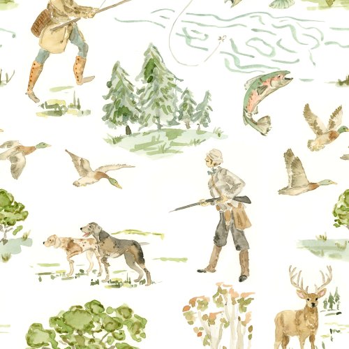 toile style hunting and fishing motifs