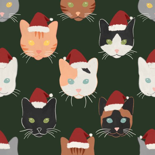 Cat faces wearing Santa hats on their heads in a large polka dot pattern
