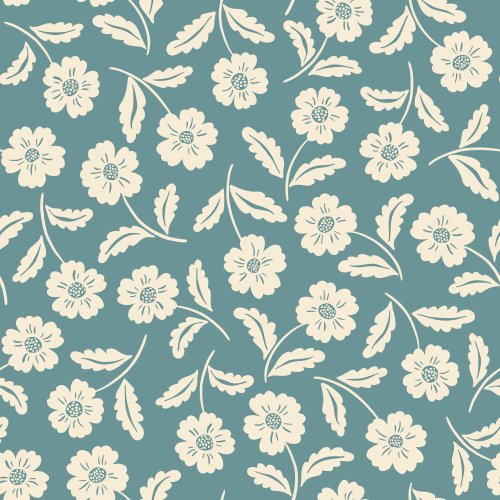 Charming floral design with small, hand-drawn cream flowers accompanied by leaves on a slate blue background with dense allover layout, creating a playful and whimsical vibe.