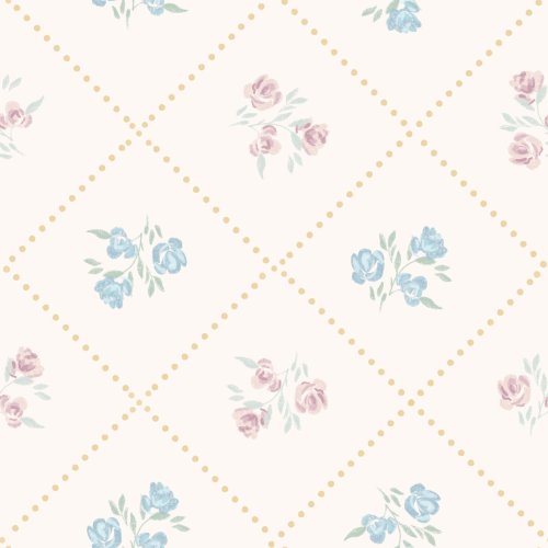 A lattice of dotted lines with hand drawn rose elements on a cream background 