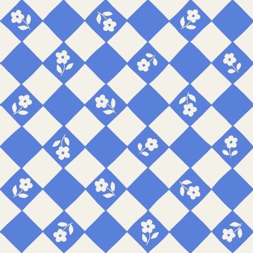 The design features a checkerboard pattern in cobalt blue and cream, interspersed with small cream floral elements.