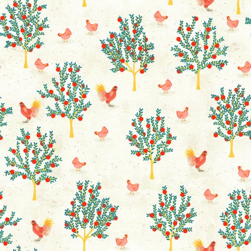 Farmyard scene with chickens roaming among trees on a soft background, a simple rustic countryside design.