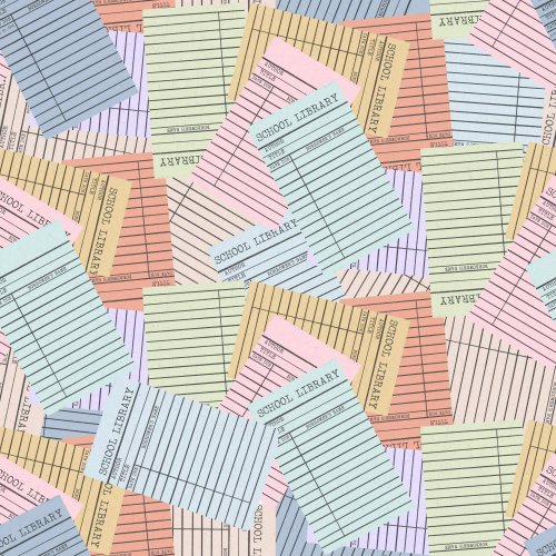 vintage library check out cards in multicolor tossed non directional pattern for back to school kids and teachers