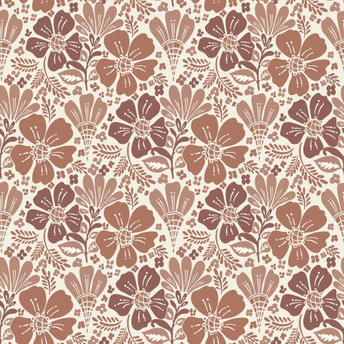 Woodlands Woodblock Flowers retro folk floral in warm boho mocha mousse brown