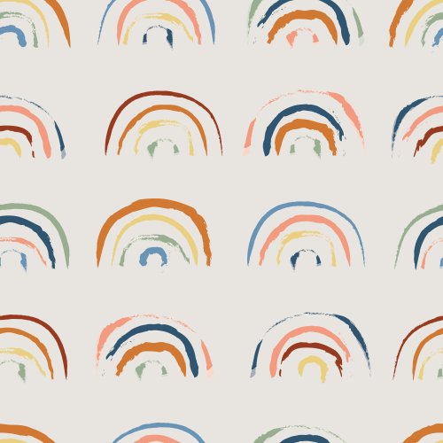 a grid of painterly rainbows in muted retro colors on a beige background