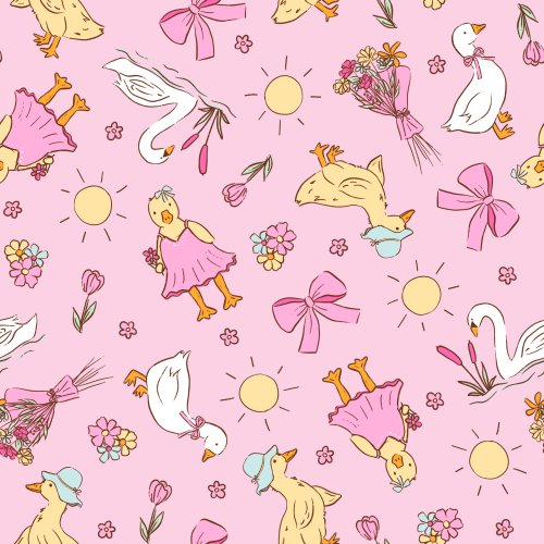 spring swans and ducks on pink background