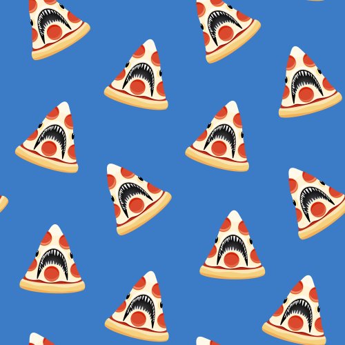 Pizza shaped sharks jumping with jaws open on a blue background. 