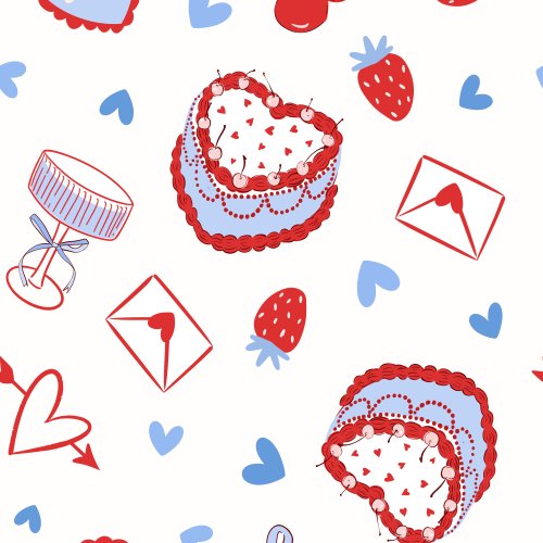Tossed cherries, hearts, heart cake, strawberries, envelopes 