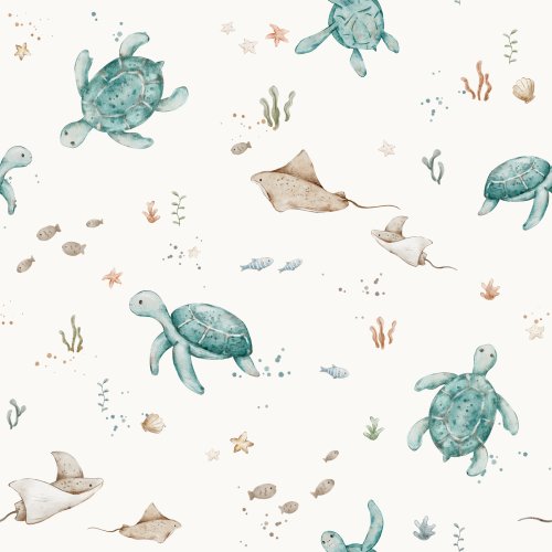 Hand drawn turtles and sea animals.