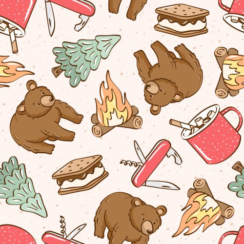 camping scene with bears, camp fire, s'mores
