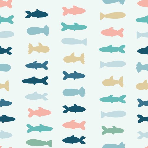 Seamless pattern of colourful stylised fish swimming across a pale background.