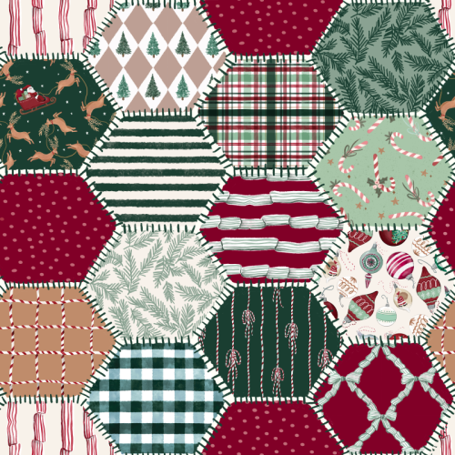 patchwork cheater quilt of Christmas fabrics red green tan