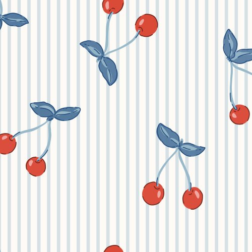 A clean tossed pattern of tiny cherry sprigs—bright cherry red pairs with denim-blue leaves—scattered over a soft cream background with delicate vertical pinstripes.