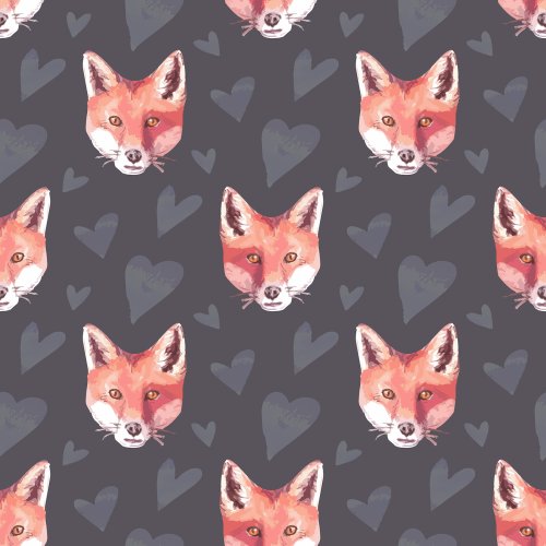 A pattern featuring watercolor fox faces on a dark grey background, with soft, hand-drawn heart shapes in various shades of grey scattered throughout. The design has a charming, woodland aesthetic, perfect for Valentine's-themed decor or apparel.