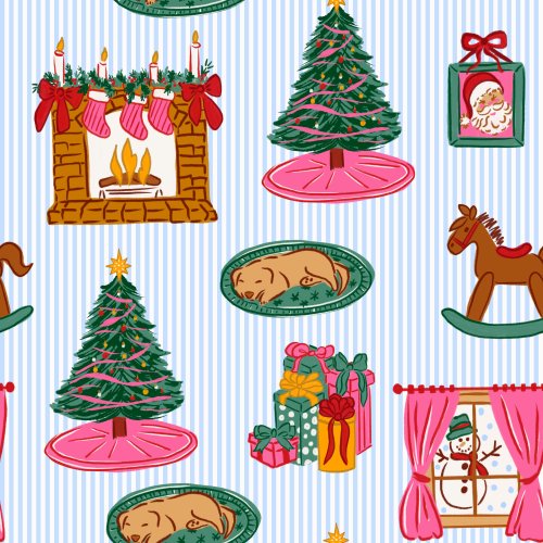 christmas living room with seersucker background