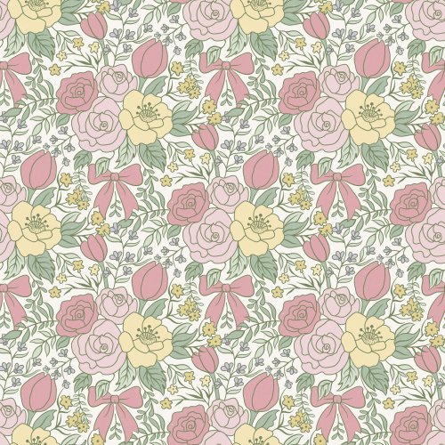 Seamless floral pattern featuring blush pink roses, soft yellow flowers, green foliage, and pink bows on a light background