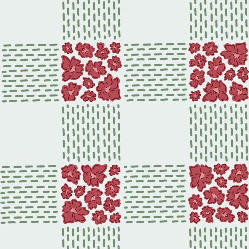 Checkered pattern with dashes and flowers.