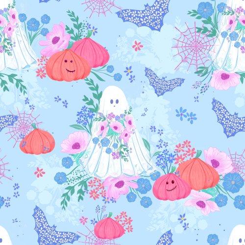 Whimsical, pastel ghosts amongst flowers, pumpkins, bats and cobwebs. 