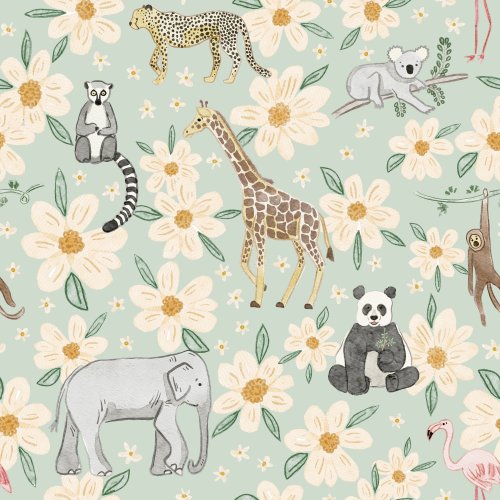 Watercolor style zoo animals in a soft color palette surrounded by cream colored florals.